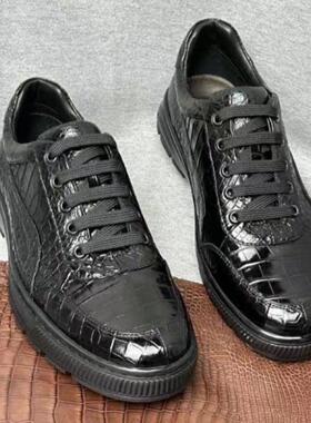 普洛克正品 板鞋休闲百搭真鳄鳄鱼肚皮男鞋系带潮流黑色耐磨鞋子