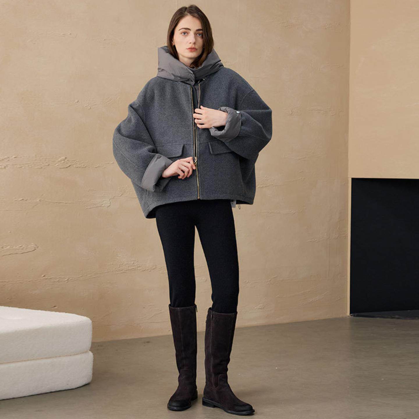 普洛克正品 羽绒服连帽真两件休闲羊驼毛外套小个子双面羊毛大衣