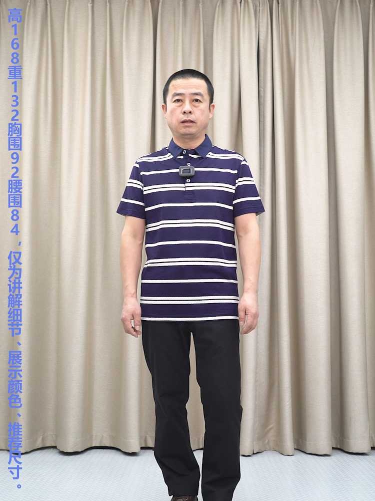 普洛克正品25新款蓝色条纹短袖T恤男翻领桑蚕丝棉16.6天丝针织衫