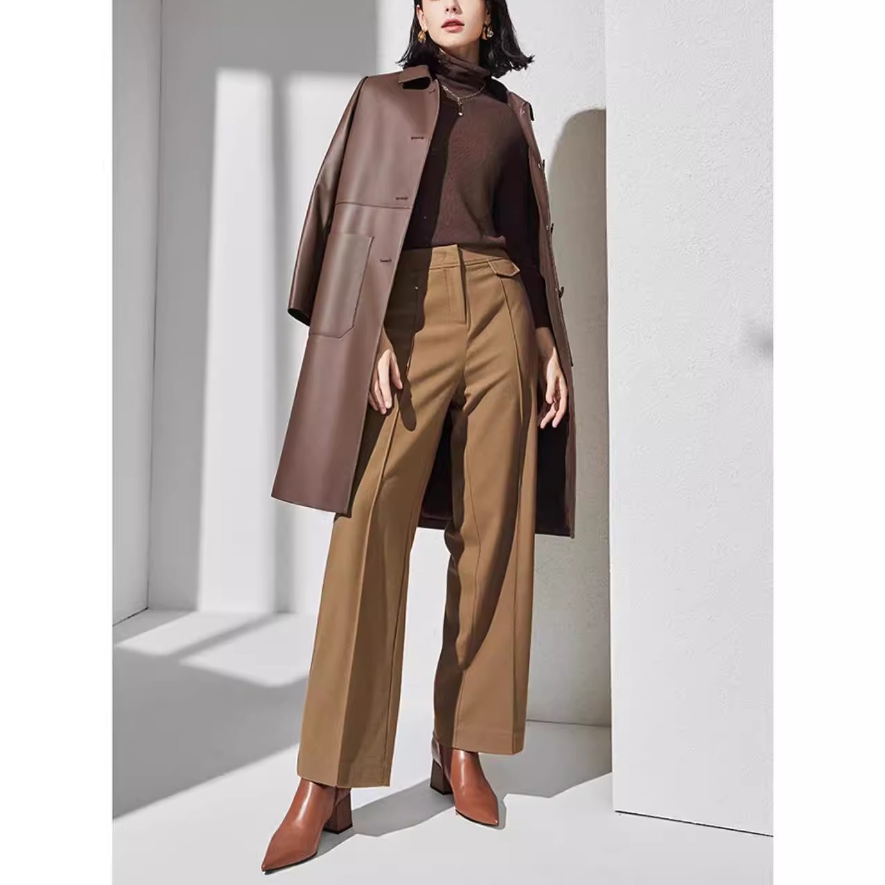 普洛克正品 真皮A级绵羊皮中长款秋冬季皮衣女装宽松风衣翻领外套