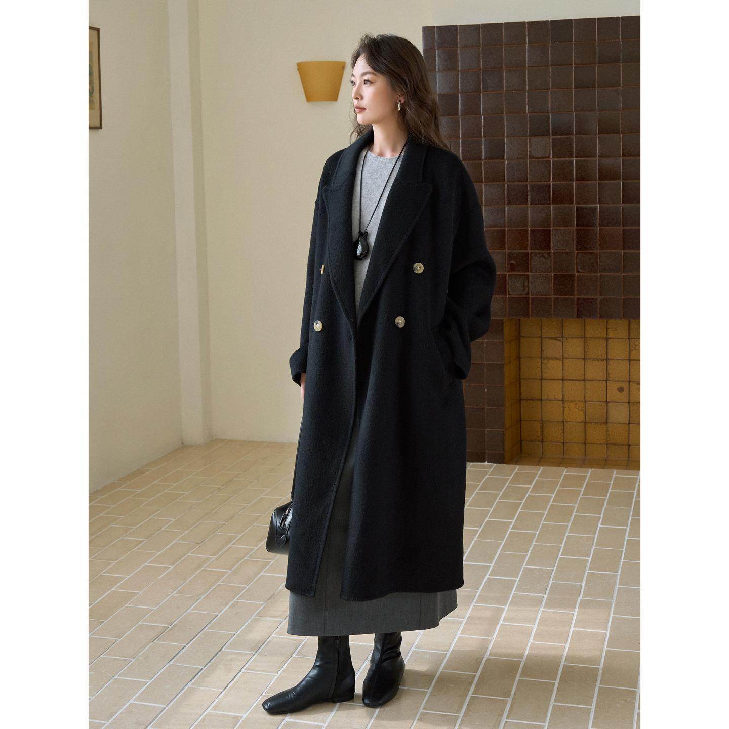 普洛克正品 羊毛双面呢大衣女冬季双排扣系带显瘦黑色长风衣外套,女装/女士精品,毛呢外套,淘宝优惠券,粉丝福利购,淘宝优惠卷