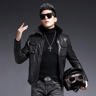 翻领短皮夹克青年秋外套潮 真皮皮衣印花羊皮修身 普洛克正品 男装