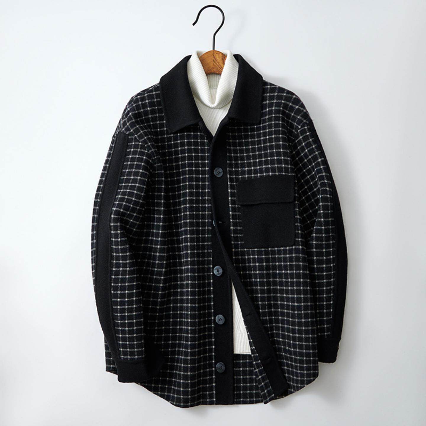 普洛克正品 冬新款双面毛呢格子衬衫夹克外套男士千鸟格羊毛大衣