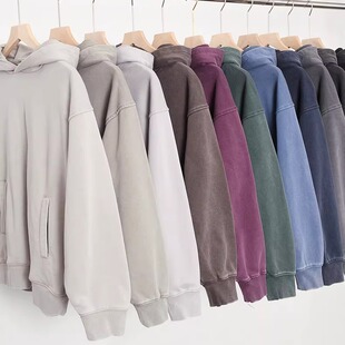 普洛正品长袖T恤花水洗做旧棉热皮重美式复古连帽男女潮色卫衣
