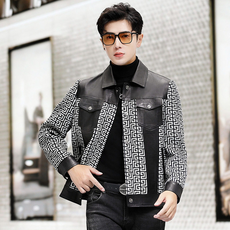 普洛克正品男装 羊毛呢外套短翻领真皮衣中青年皮夹克呢子大衣潮