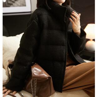 普洛克正品 粗花呢格子羽绒服女款高端女装中长款冬季鹅绒服外套