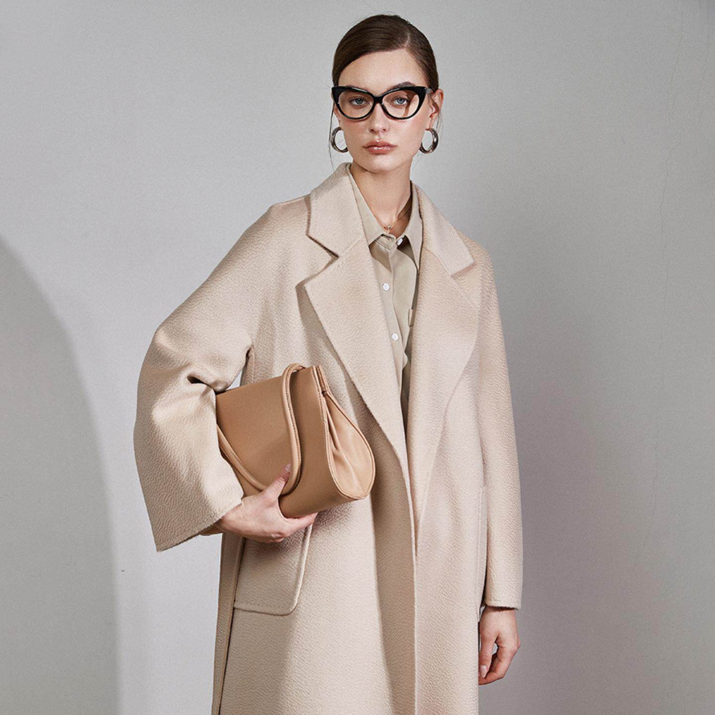 普洛克正品 羊驼羊毛双面呢大衣女秋冬真皮边饰廓形长款风衣外套