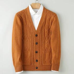 普洛克正品男装 秋毛衣开衫针织外套修身线衣青果领麻花休闲上衣