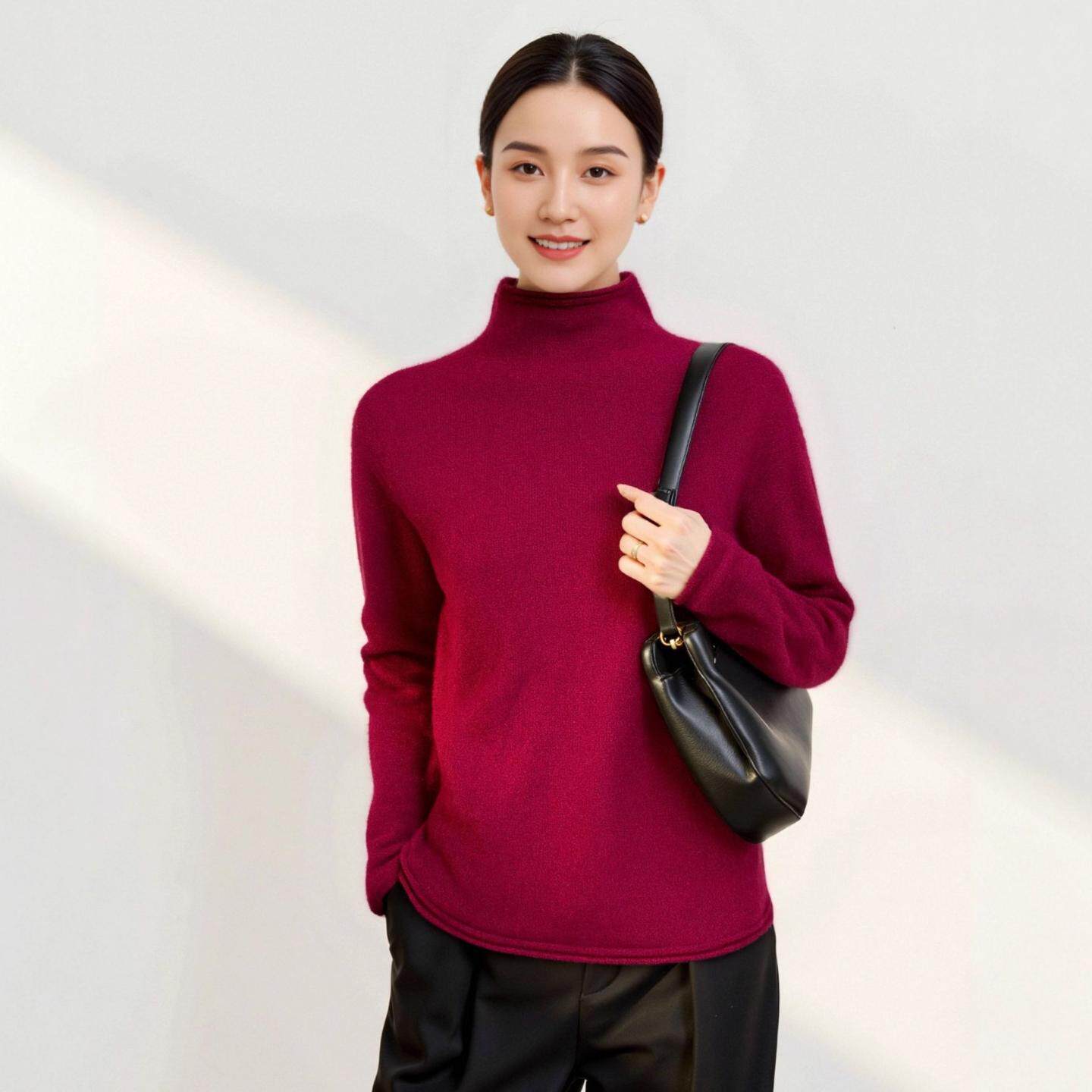 普洛克正品 堆堆领纯色山羊绒针织打底衫女长袖套头宽松显瘦毛衣