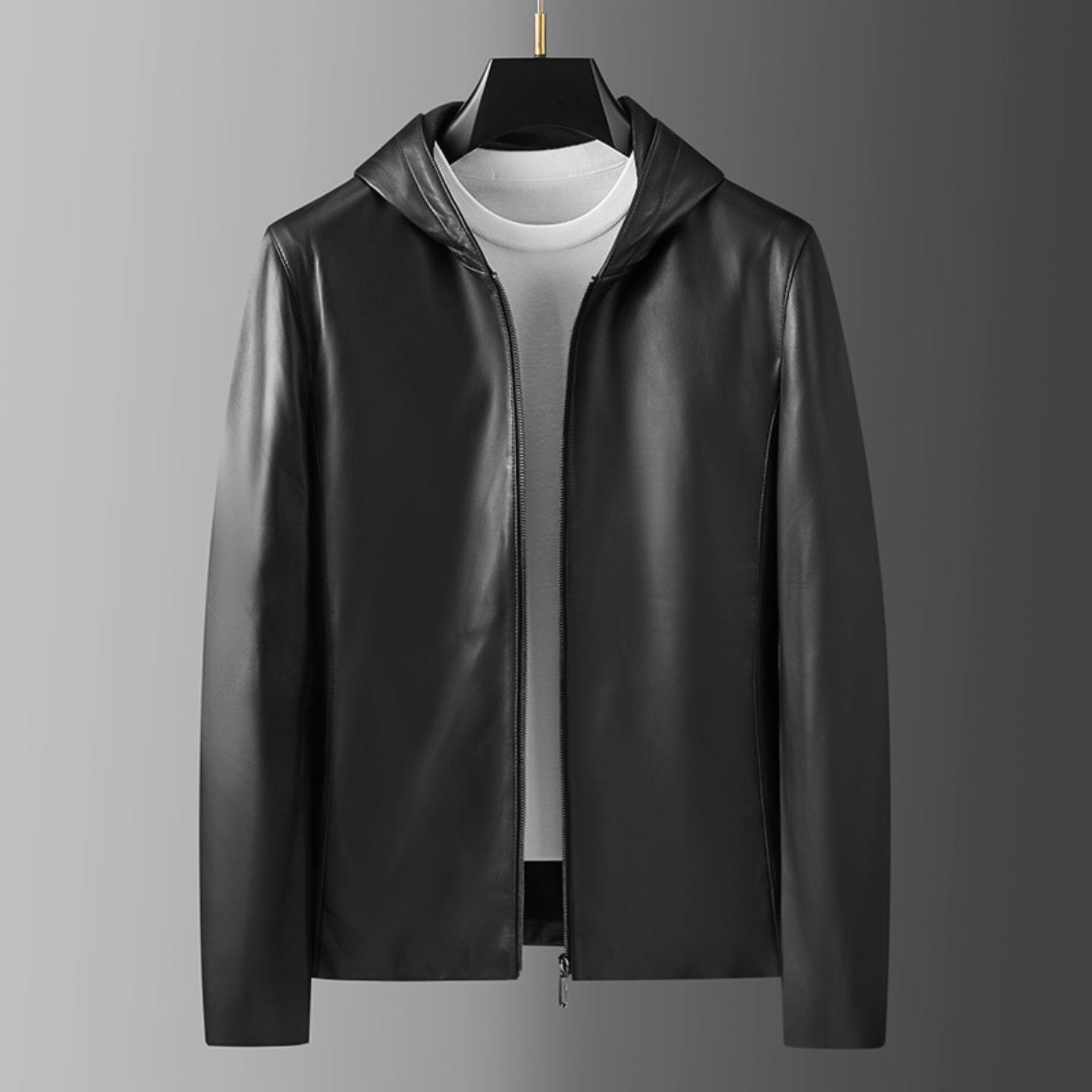 普洛克正品 春秋新款男士真皮皮衣男绵羊皮外套连帽商务休闲夹克