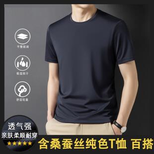 普洛克正品男装 夏新款圆领中青年纯色短袖t恤桑蚕丝宽松休闲体恤
