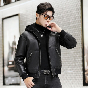 普洛克正品 真皮衣绵羊皮棒球领休闲青年短皮夹克宽松外套潮 男装