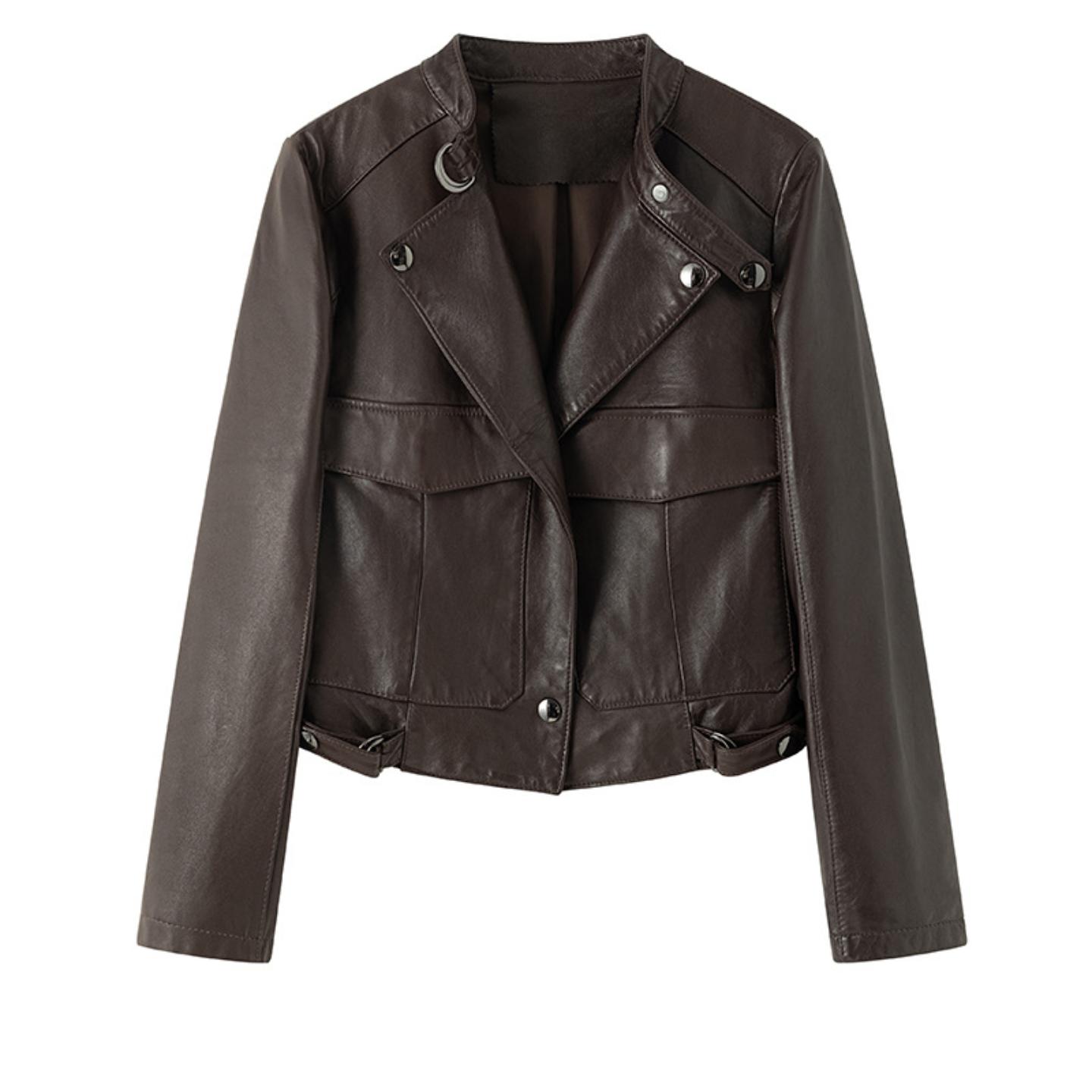 普洛克正品 植鞣真皮皮衣短款夹克外套时尚款A级绵羊皮高腰机车款