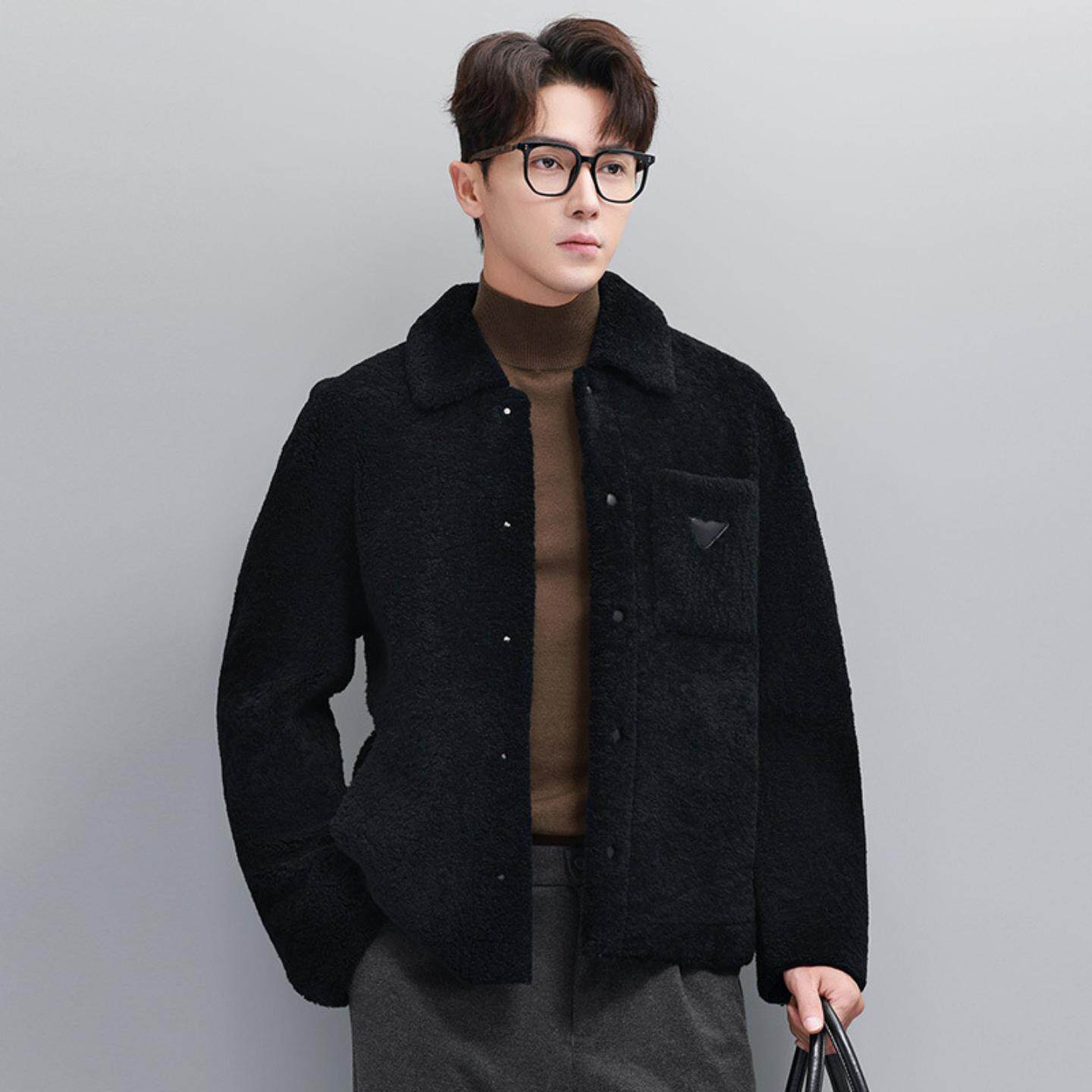 普洛克正品 西班牙拉贡美利奴皮毛一体男短款大衣皮草秋冬户外套