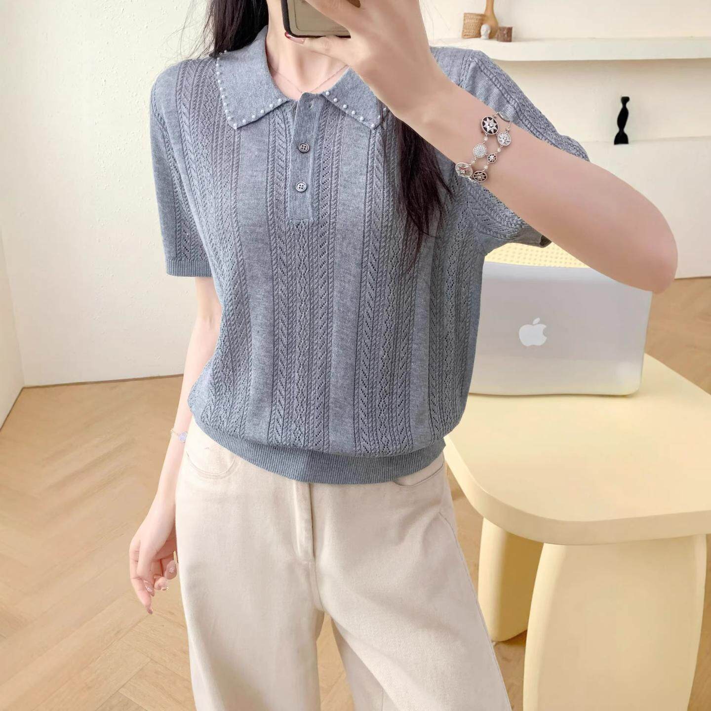 普洛克正品女装 翻领镂空短袖针织衫t恤独特别致亚麻宽松小众上衣