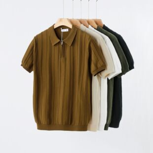 普洛克正品 冰麻纱竖纹针织短袖半拉链polo衫男士简约保罗衫