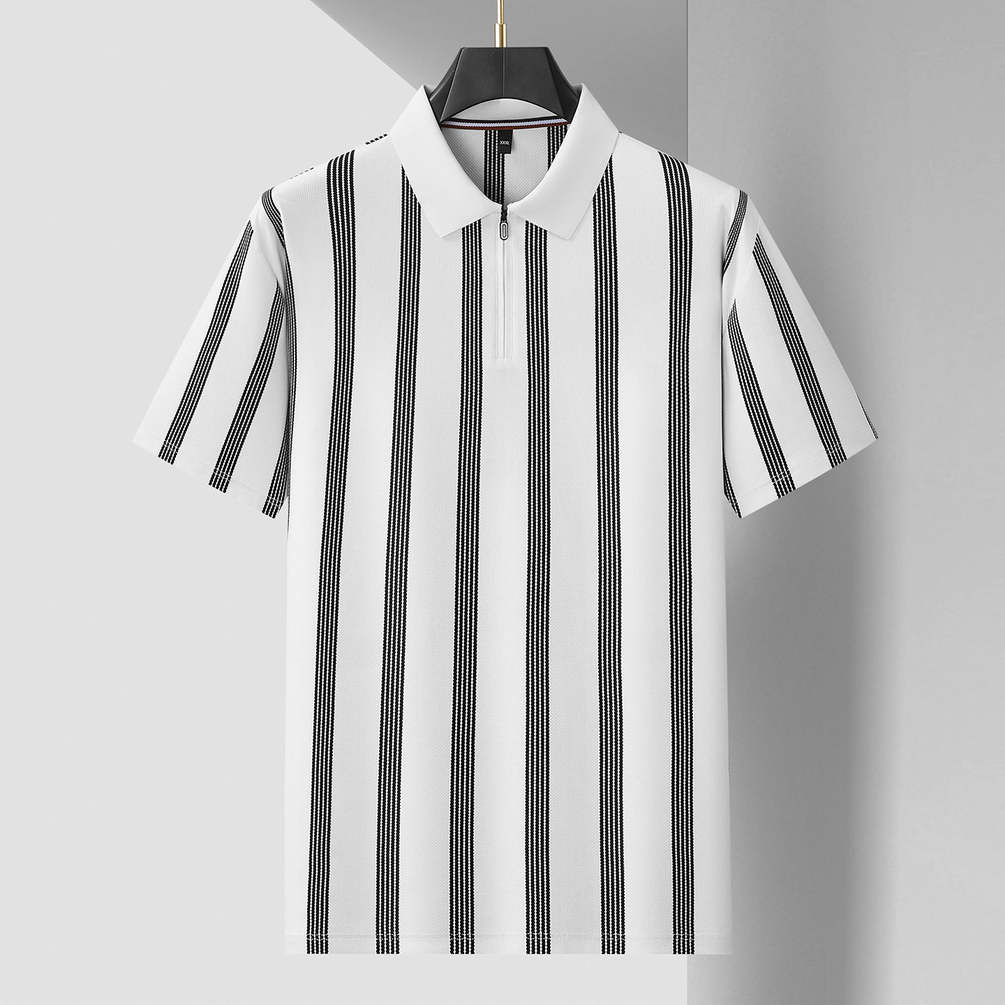 普洛克正品男装 大码t恤夏宽松条纹拉链翻领t恤商务免烫衫潮亲子
