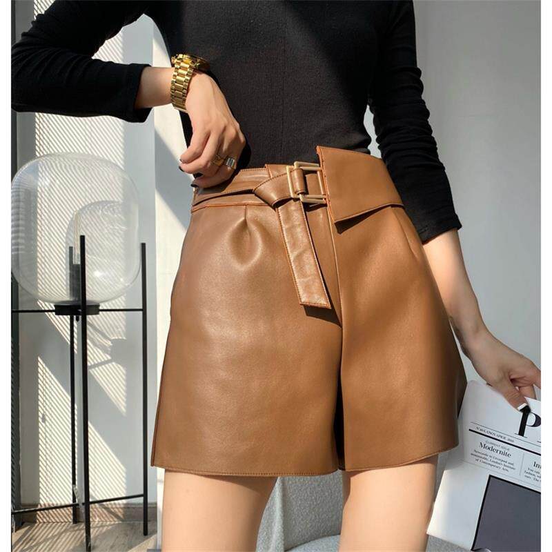 普洛克正品 绵羊皮真皮皮裤子女士休闲裤松紧腰九分长裤脚裤修身