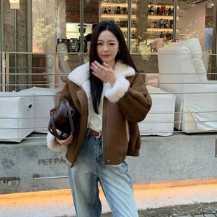 普洛克正品 夹克秋冬新款羊剪绒皮毛一体皮草外套女短年轻款