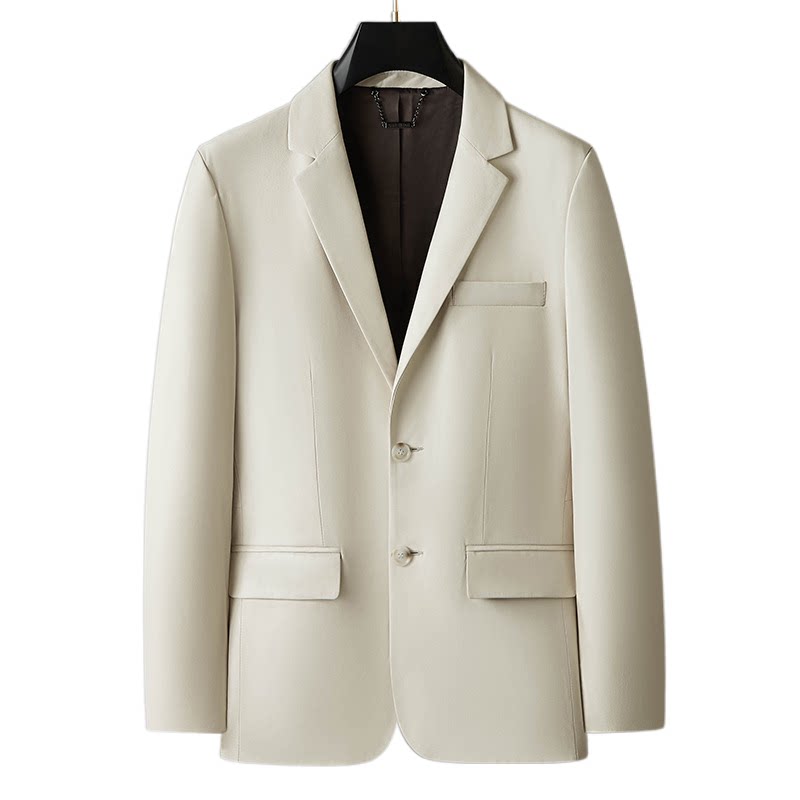 普洛克正品 A级山绵羊皮真皮皮衣外套男翻领皮夹克米白色秋冬西服