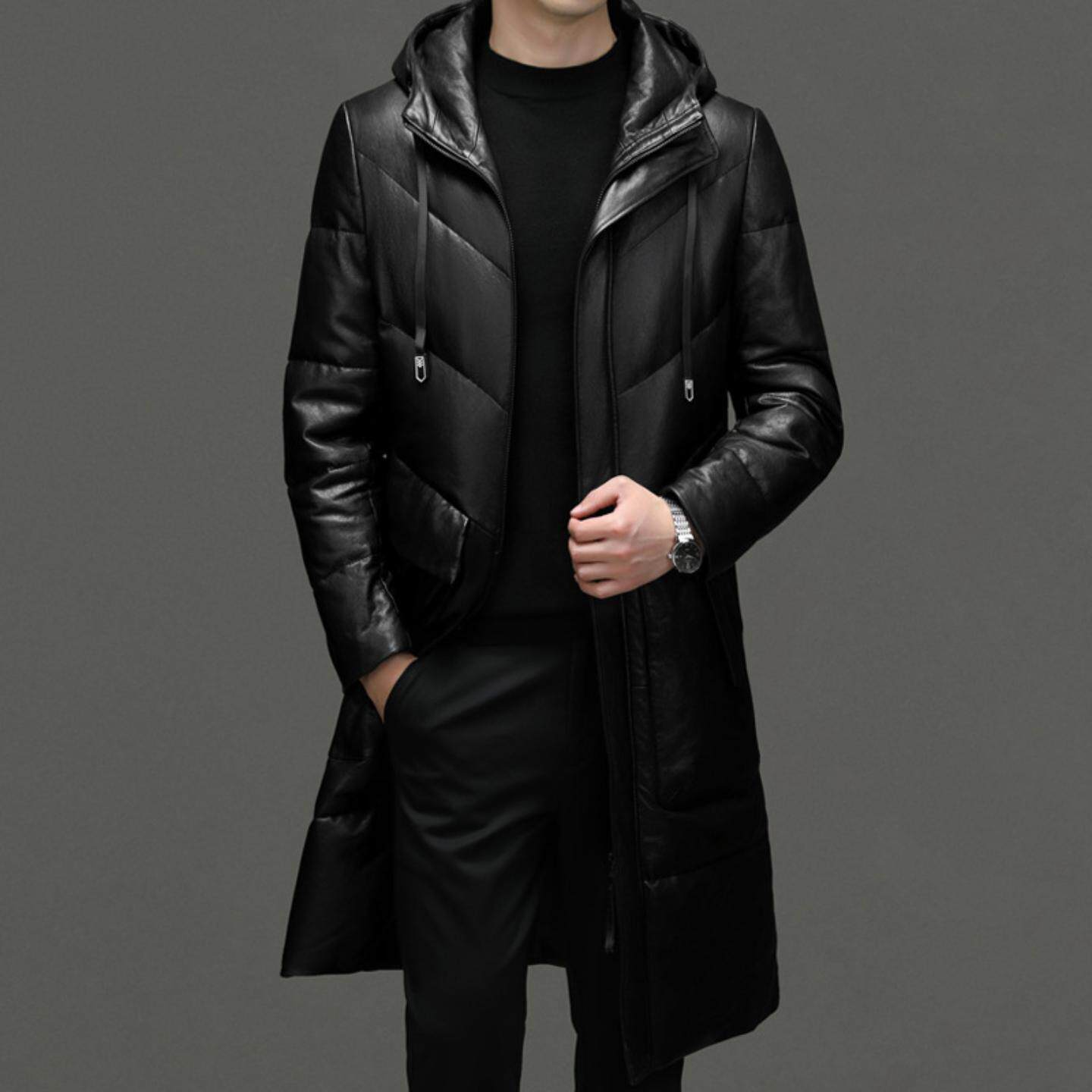 普洛克正品 皮鸭绒羽绒服男连帽加长款过膝百搭秋冬潮皮衣绵羊皮