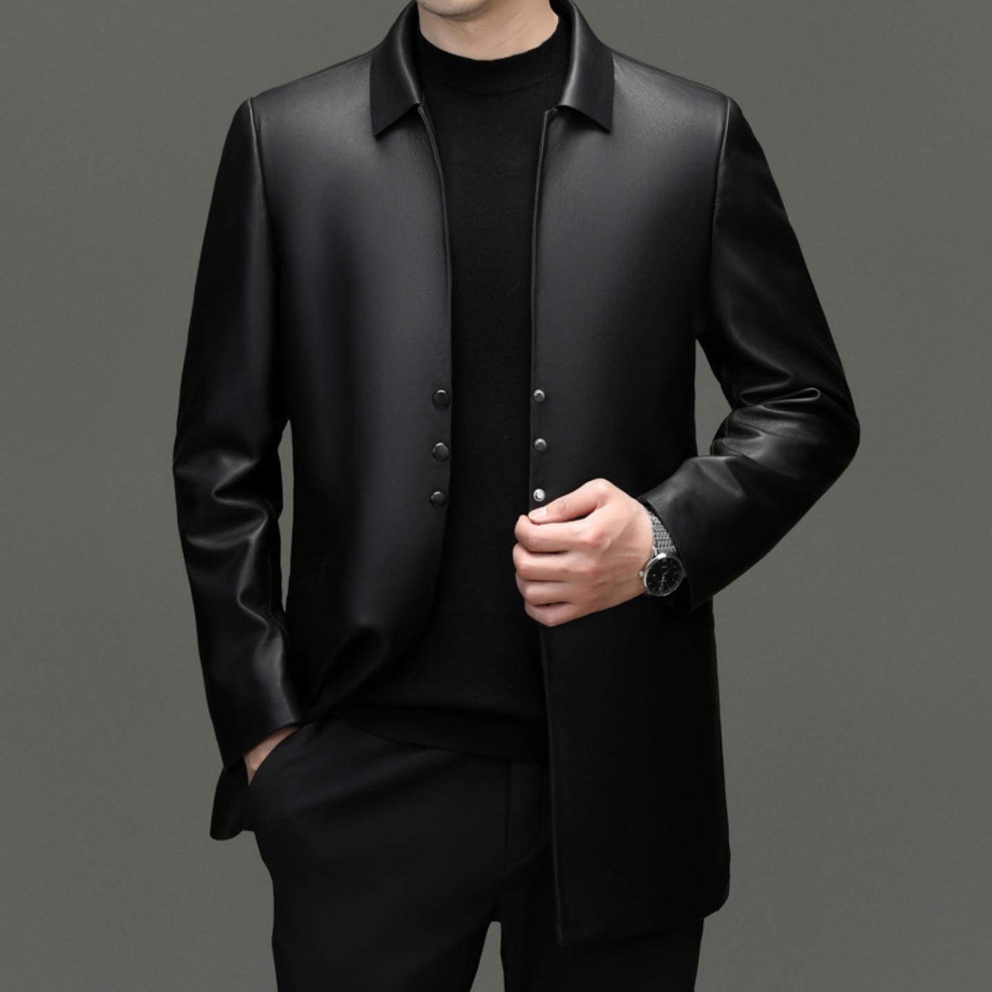 普洛克正品 真皮皮衣男A级绵羊皮中长款皮风衣翻领夹克大衣冬外套