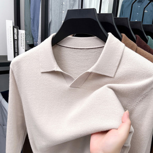 普洛克正品 商务长袖针织衫男春秋新款商务休闲翻领男士纯色t恤衫