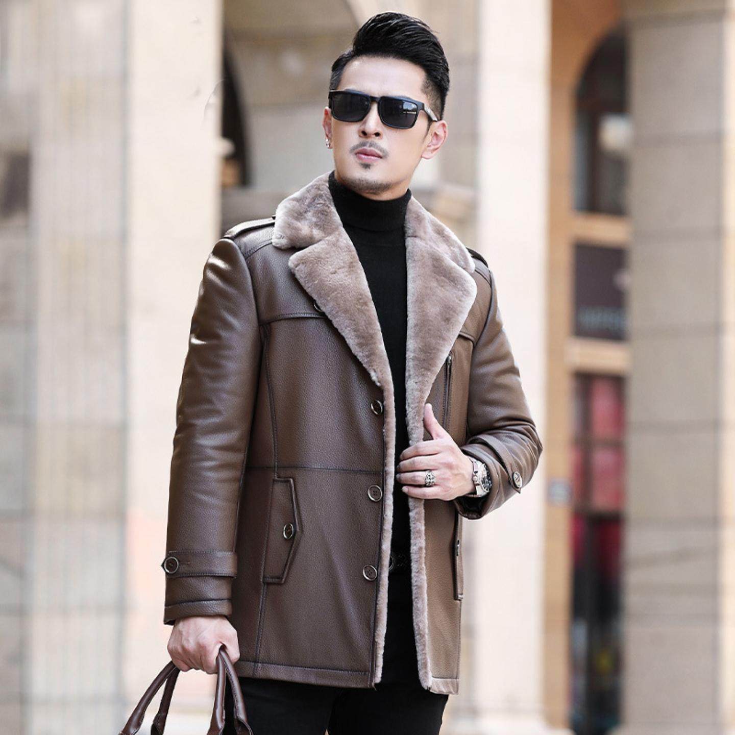 普洛克正品 男士羊毛内胆皮毛一体中长款西装领头层牛皮加厚外套