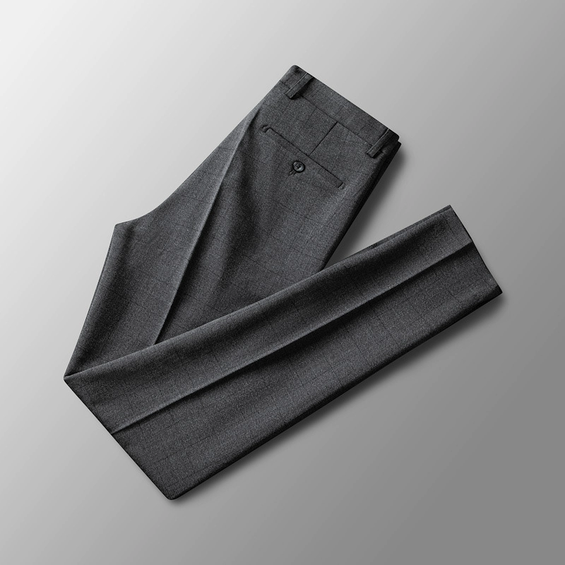 普洛克正品灰色格子抗皱男休闲裤秋冬直筒中腰西装裤弹力商务长裤