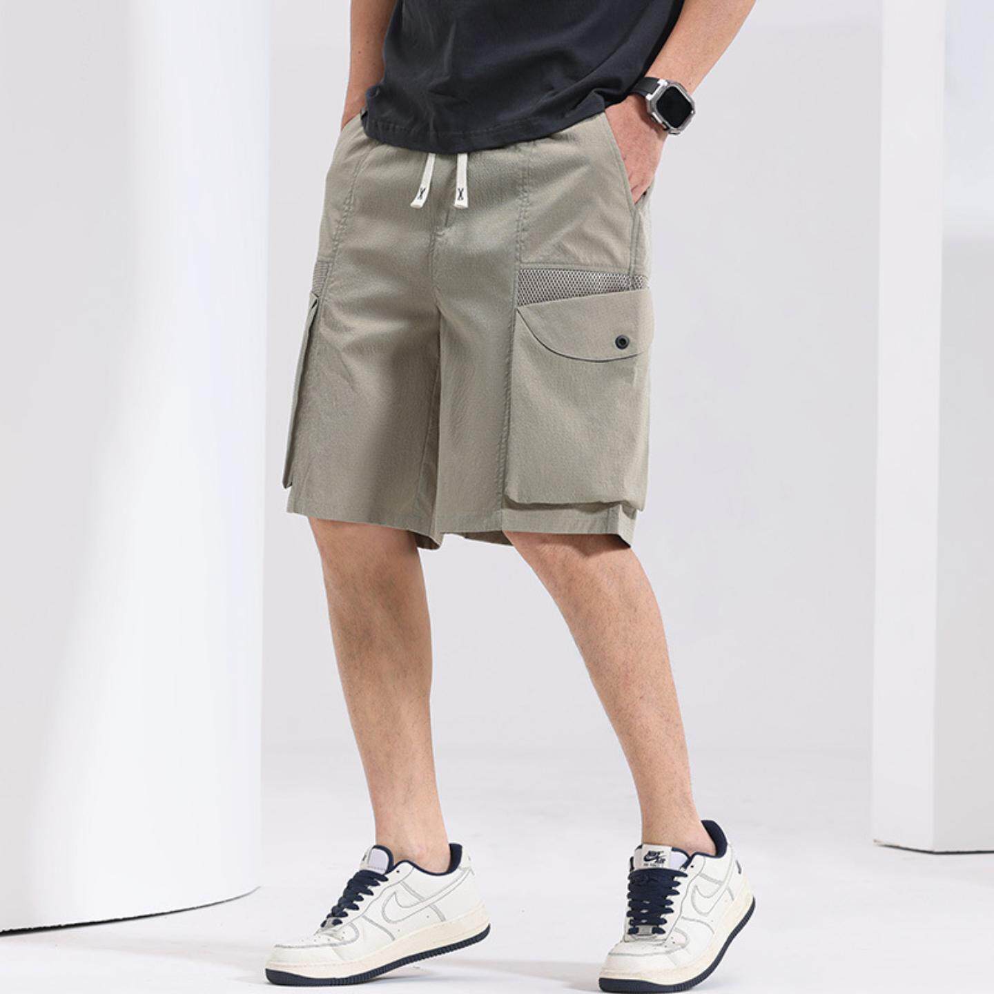 夏季新款冰丝弹力工装中裤暗格纹五分裤松紧腰青少年男装多袋短裤