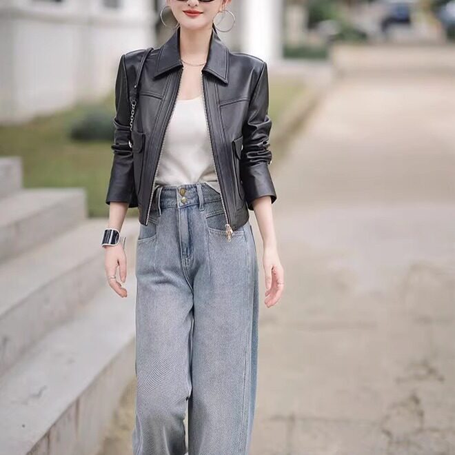 普洛克正品女装 秋冬新款新西兰进口绵羊皮真皮韩版半植鞣皮夹克