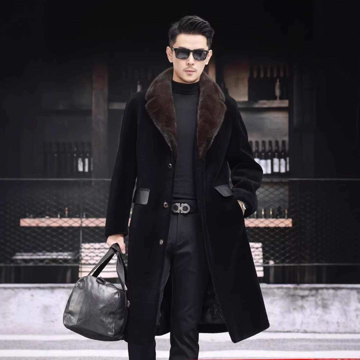 普洛克正品 貂领羊剪绒外套真皮皮草羊毛长款过膝大衣羽绒服冬季