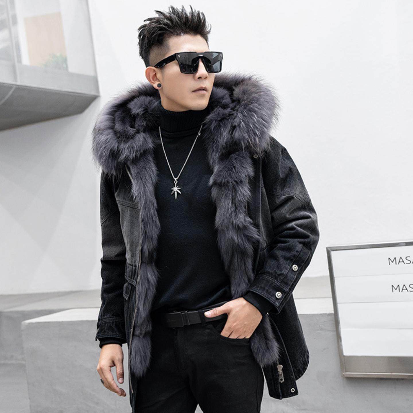普洛克正品 牛仔服男士中长款狐狸毛内胆皮毛一体大衣皮草外套潮