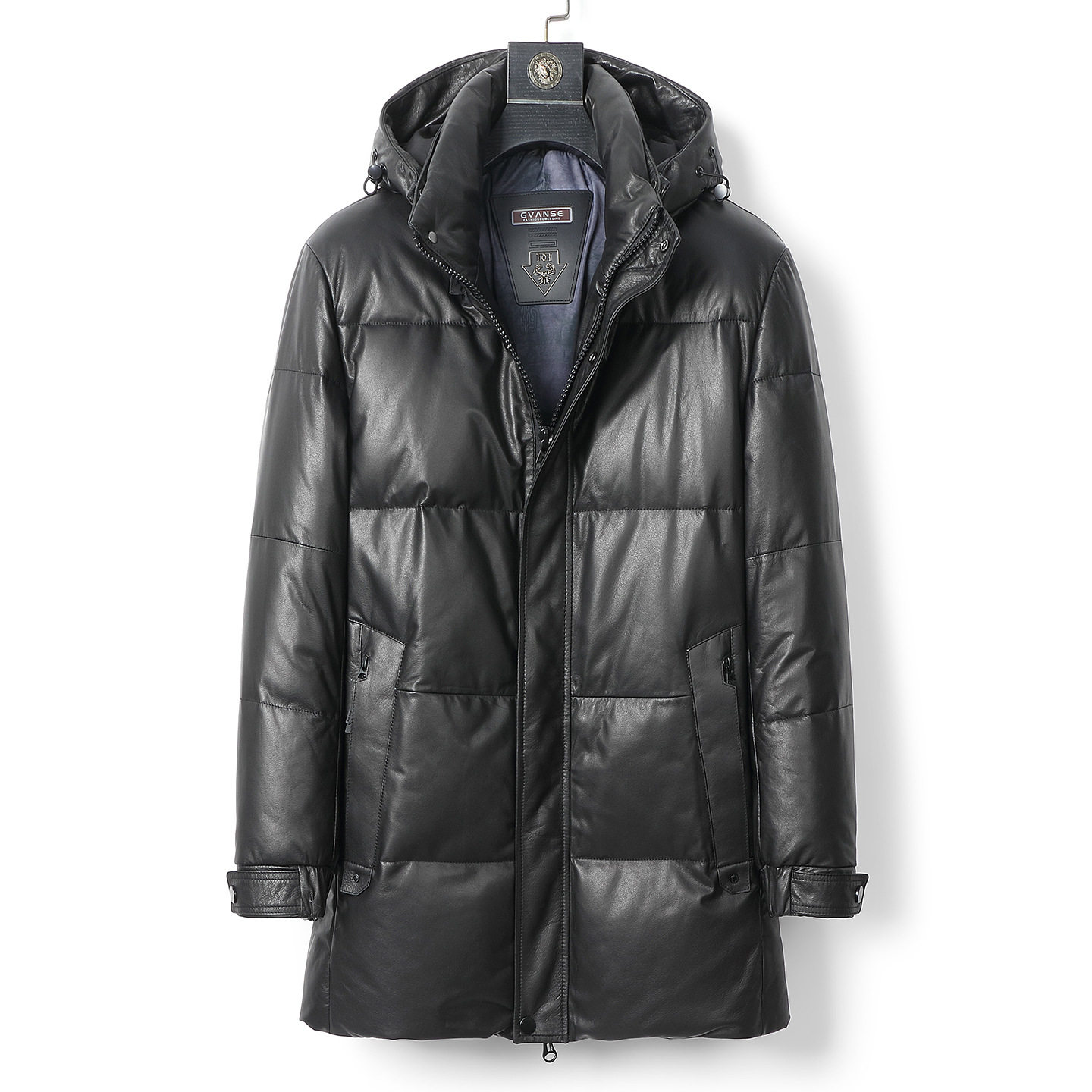 普洛克正品 真皮羽绒服男牛皮夹克连帽中长款保暖外套加厚面包服