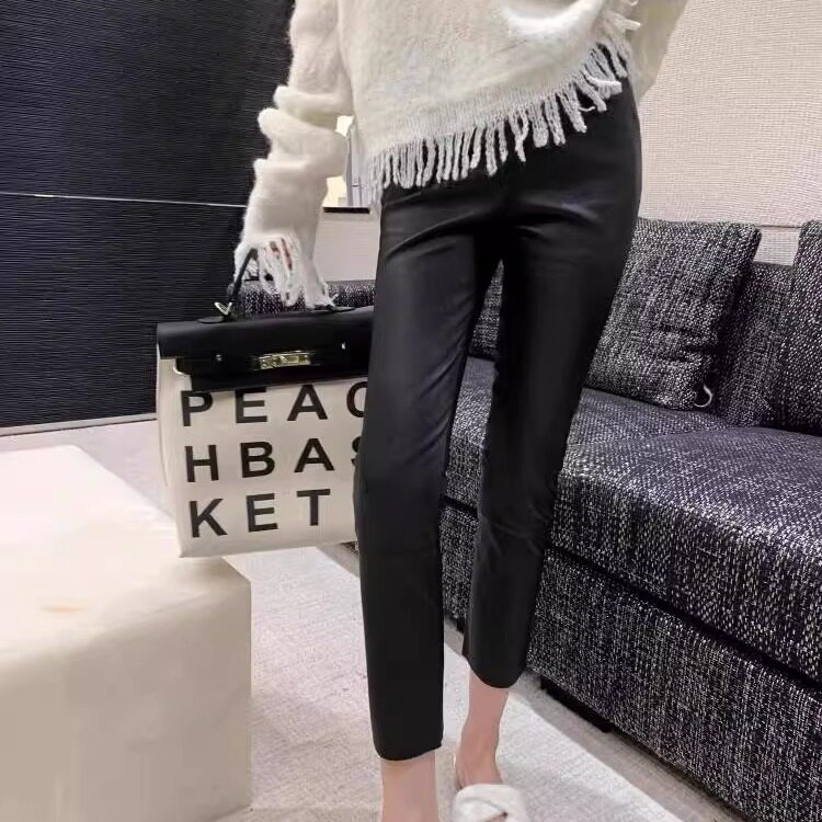 普洛克正品 女裤超修身显瘦小鸟腿A级弹力皮裤子绵羊真皮九分新款