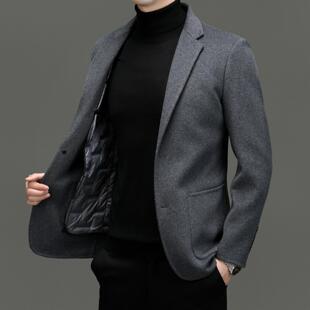 普洛克正品 男西装厚毛呢外套羽绒内胆双面呢短款羽绒服呢子上衣