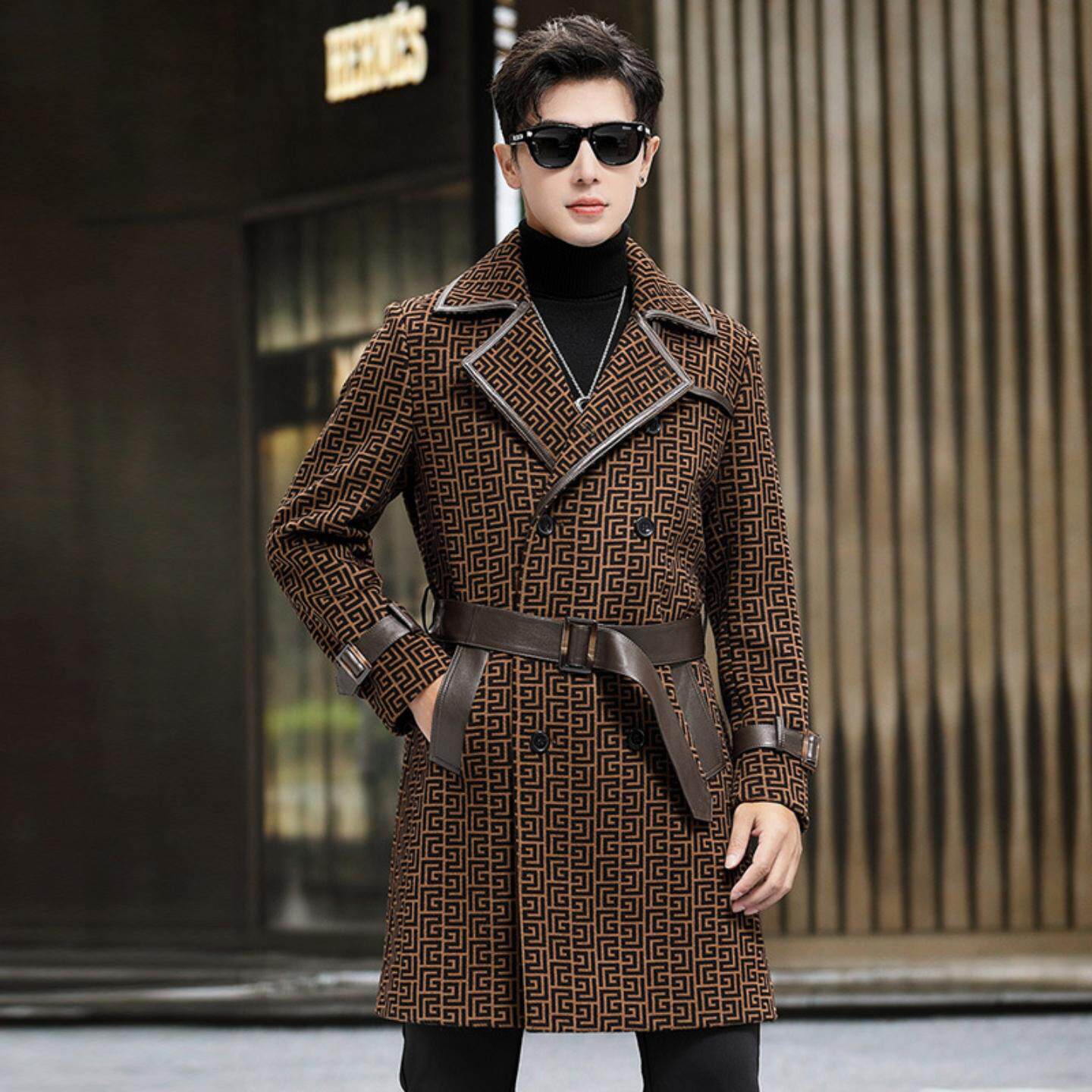 普洛克正品男装 毛大衣中长款西装领风衣拼接真皮衣时尚毛呢外套