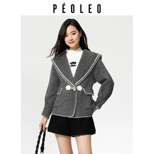 披肩v领设计 飘蕾深灰色双面呢大衣风衣冬季 限时立减100元