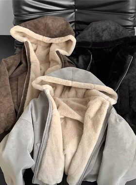 OWH800克重磅绒毛美式高街座山雕夹克纯色上衣加厚保暖连帽外套