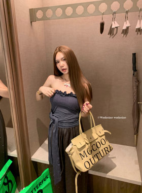 （吴大笑）海盐细条～洋气立体花边细条纹绑带设计感抹胸式上衣女