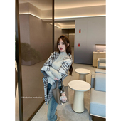 吴大笑 落日樱花～好质感气质高领显瘦百搭带格纹腔调披肩上衣