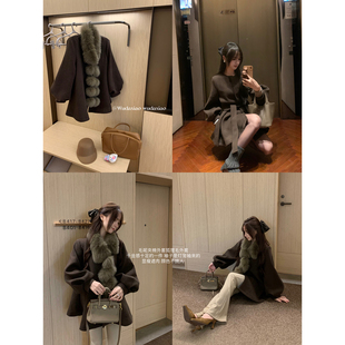 （吴大笑）古堡恋人～气质显瘦腰带灯笼袖夹棉毛呢狐狸毛领外套女