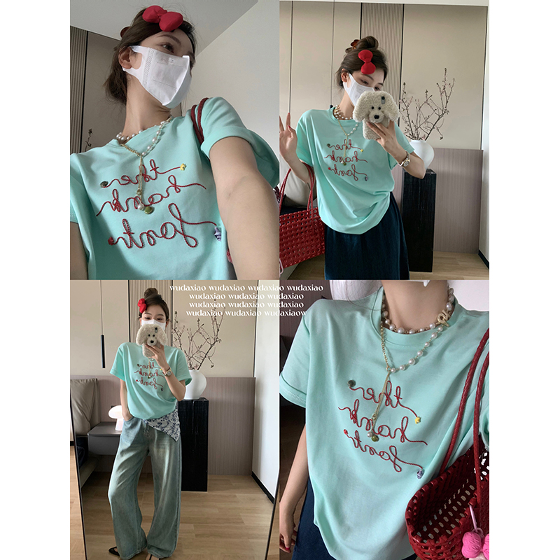 （吴大笑）素描线条～休闲松弛感百搭显瘦字母刺绣纯棉短袖T恤女