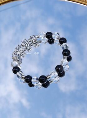 新中式天然黑曜石白水晶手链精美
