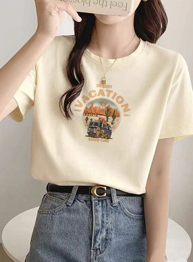 正肩圆领短袖t恤女夏季2024年新款宽松显瘦纯棉T恤百搭字母上衣潮