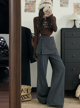 2025秋冬慵懒通勤风可拆卸屁帘休闲裤垂感灰色设计感毛呢阔腿裤女