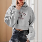 美式 复古印花短款 套头连帽卫衣女秋字母印花抽绳显瘦高级宽松上衣