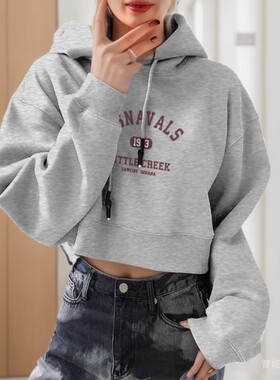 美式复古印花短款套头连帽卫衣女秋字母印花抽绳显瘦高级宽松上衣