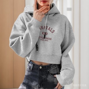 美式 套头连帽卫衣女秋字母印花抽绳显瘦高级宽松上衣 复古印花短款