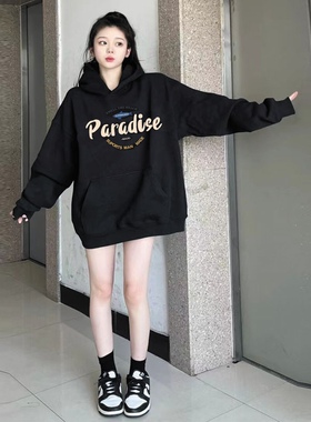 秋冬韩版美式加绒加厚小个子黑色连帽薄款oversize卫衣女慵懒外套